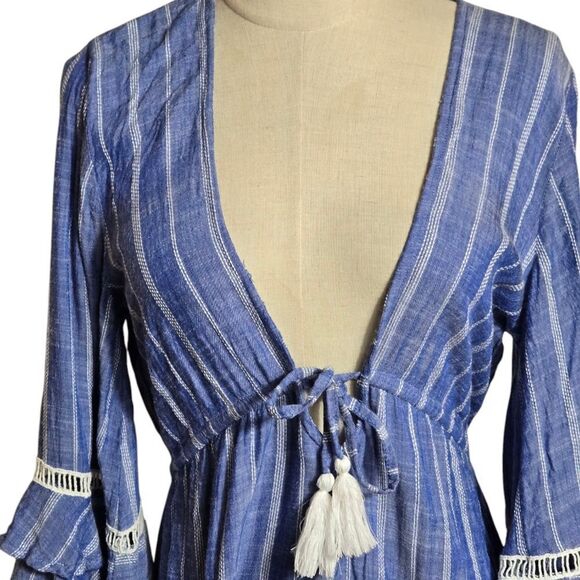 Spiaggia Dolce Blue Striped Boho Dress Or Coverup with Tassels - Picture 2 of 7